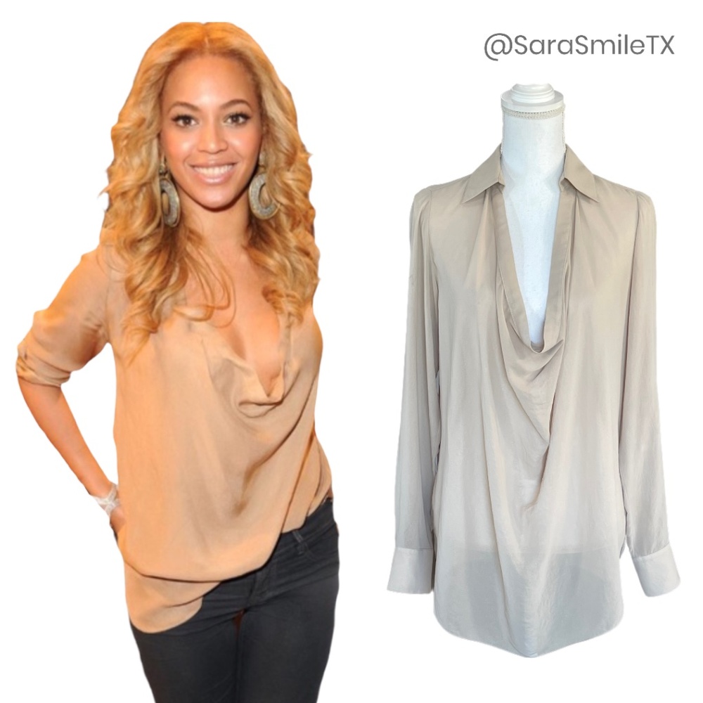 {HAUTE HIPPIE} Silk Tan Gold Shimmer Draped Front Long Sleeve Top